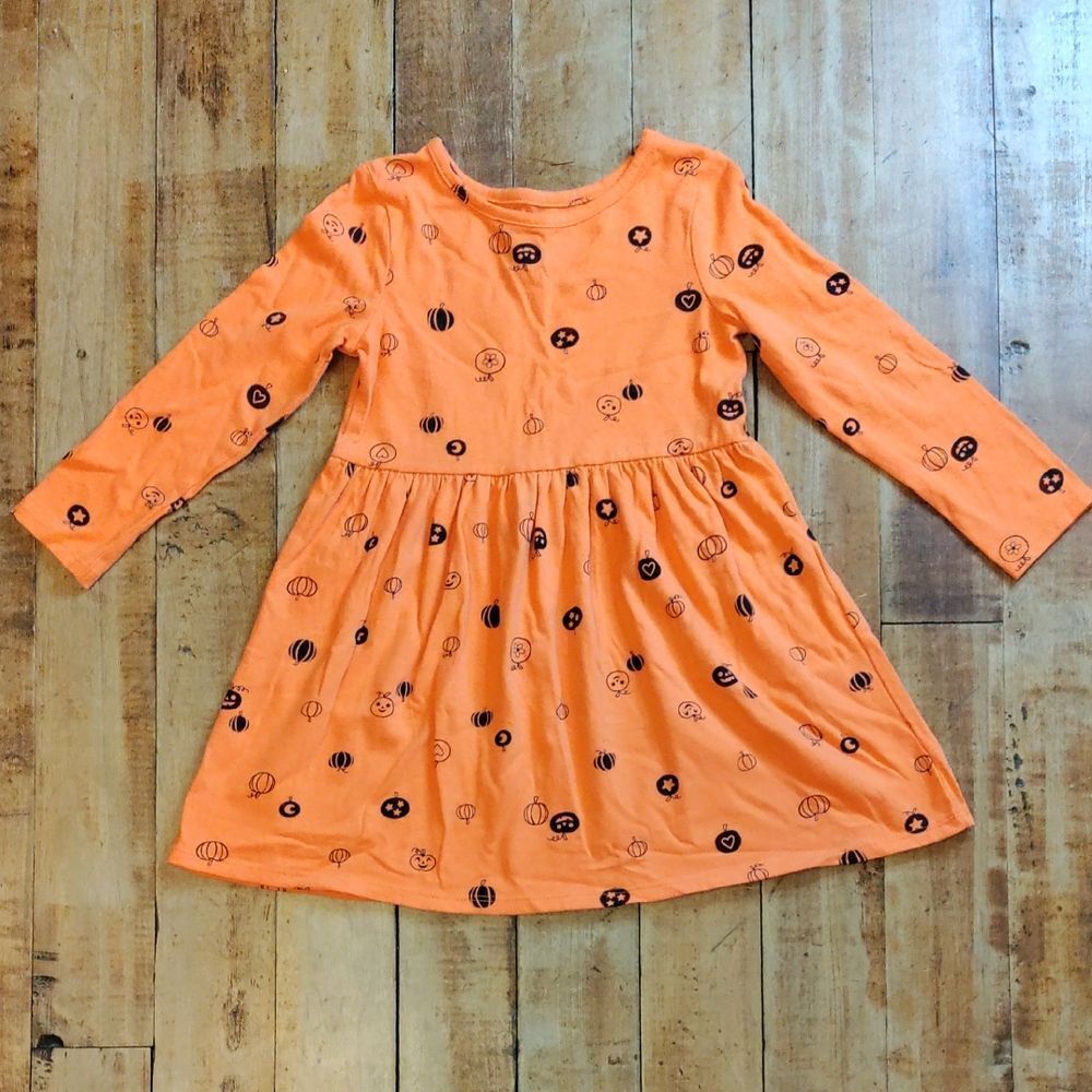 Cat & Jack Orange Halloween Print Dress 4T Cotton Pumpkins Fall